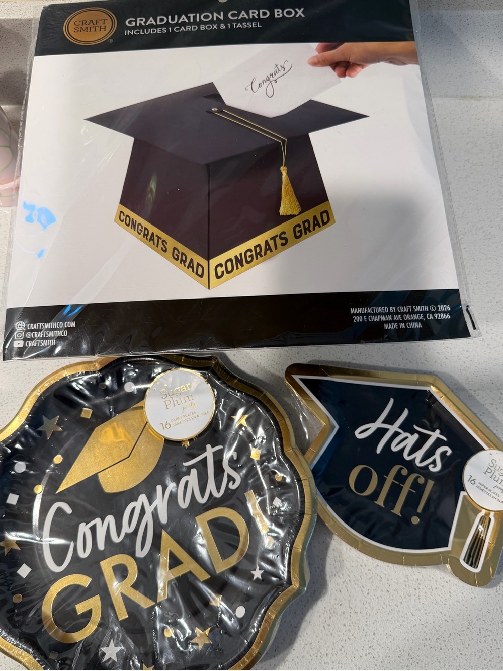 Black & Gold “Congrats Grad” Graduation Party Plates (32 count) and Card Box